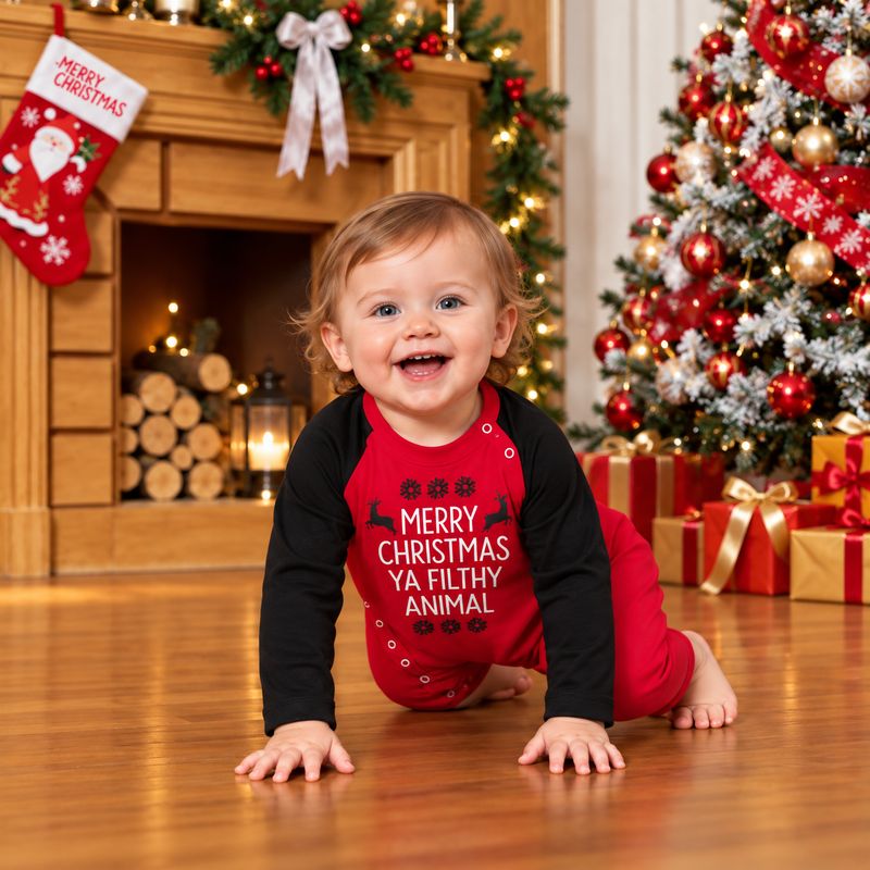 Holiday pajamas family set with red raglan slogan tee and black candy cane pajama pants - view 6