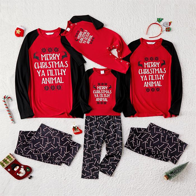 Holiday pajamas family set with red raglan slogan tee and black candy cane pajama pants - view 7