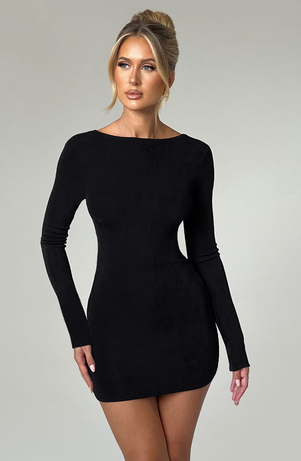 Open back long sleeve bodycon dress with draped cowl and criss-cross ties