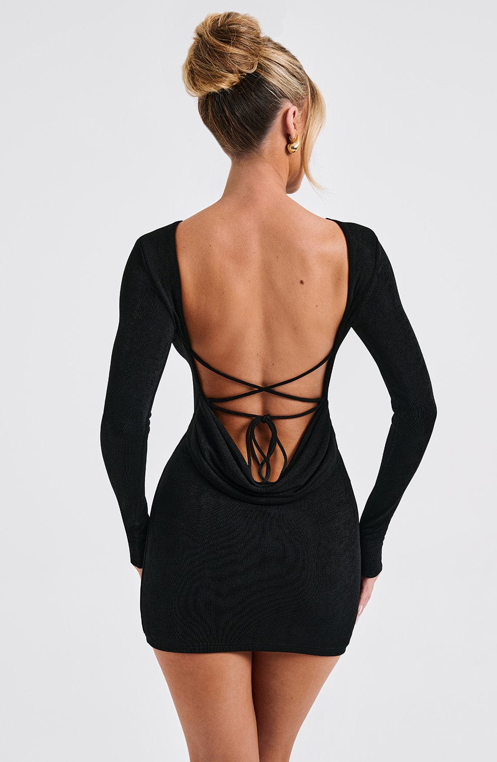 Open back long sleeve bodycon dress with draped cowl and criss-cross ties - view 10