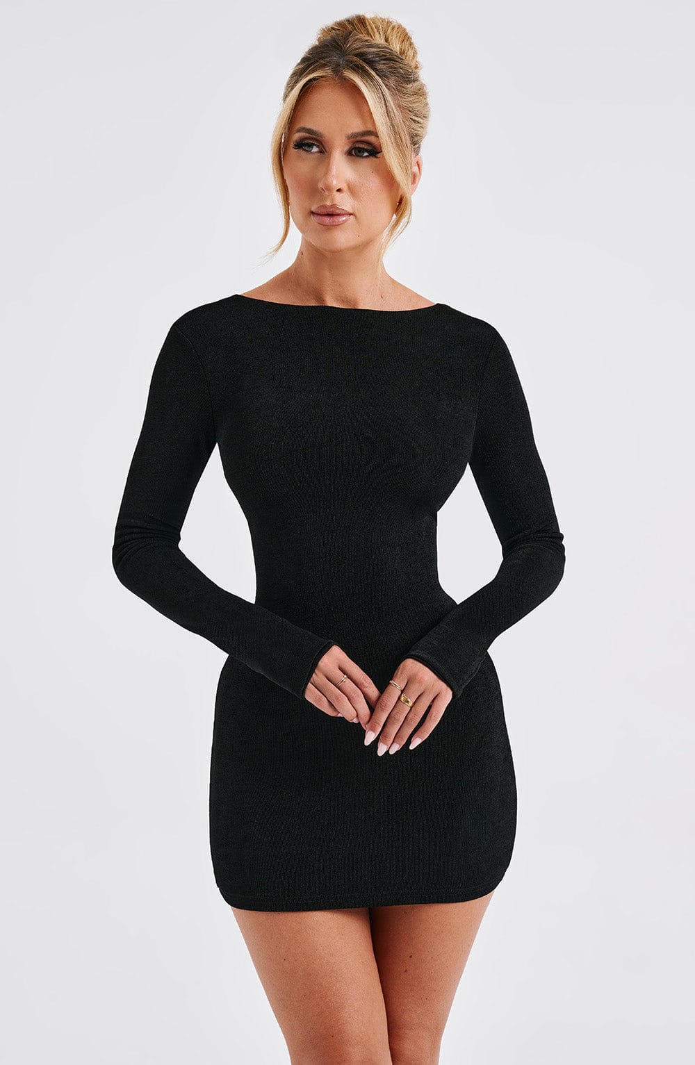 Open back long sleeve bodycon dress with draped cowl and criss-cross ties - view 13