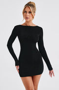 Open back long sleeve bodycon dress with draped cowl and criss-cross ties - view 15
