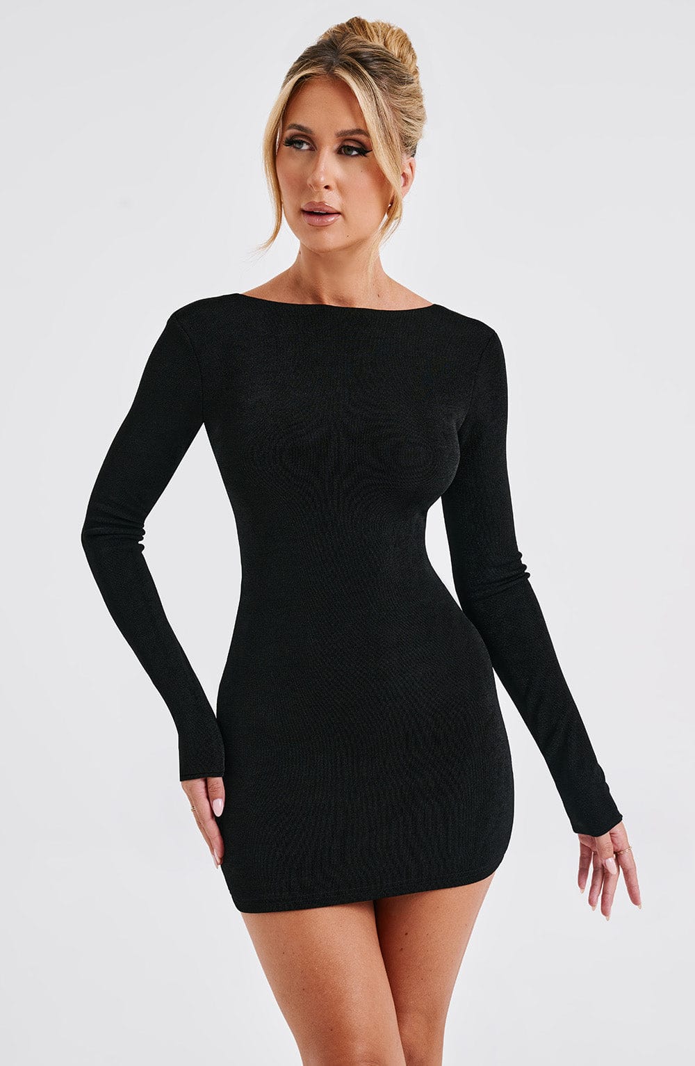 Open back long sleeve bodycon dress with draped cowl and criss-cross ties - view 15