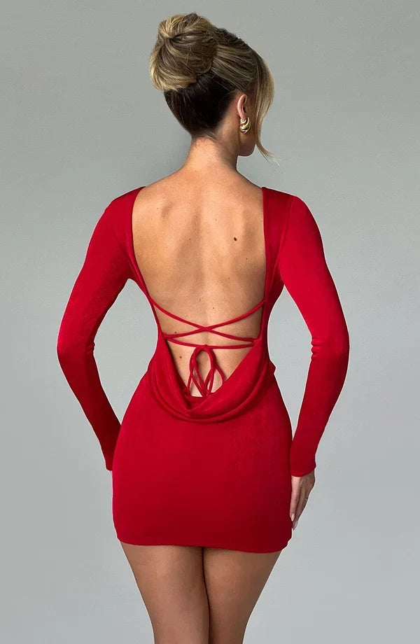 Open back long sleeve bodycon dress with draped cowl and criss-cross ties - view 16