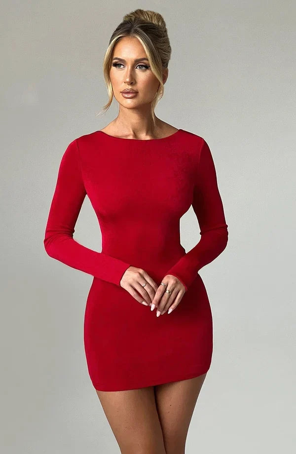 Open back long sleeve bodycon dress with draped cowl and criss-cross ties - view 17