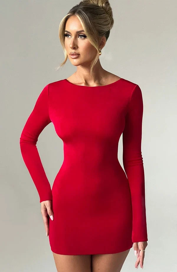 Open back long sleeve bodycon dress with draped cowl and criss-cross ties - view 18