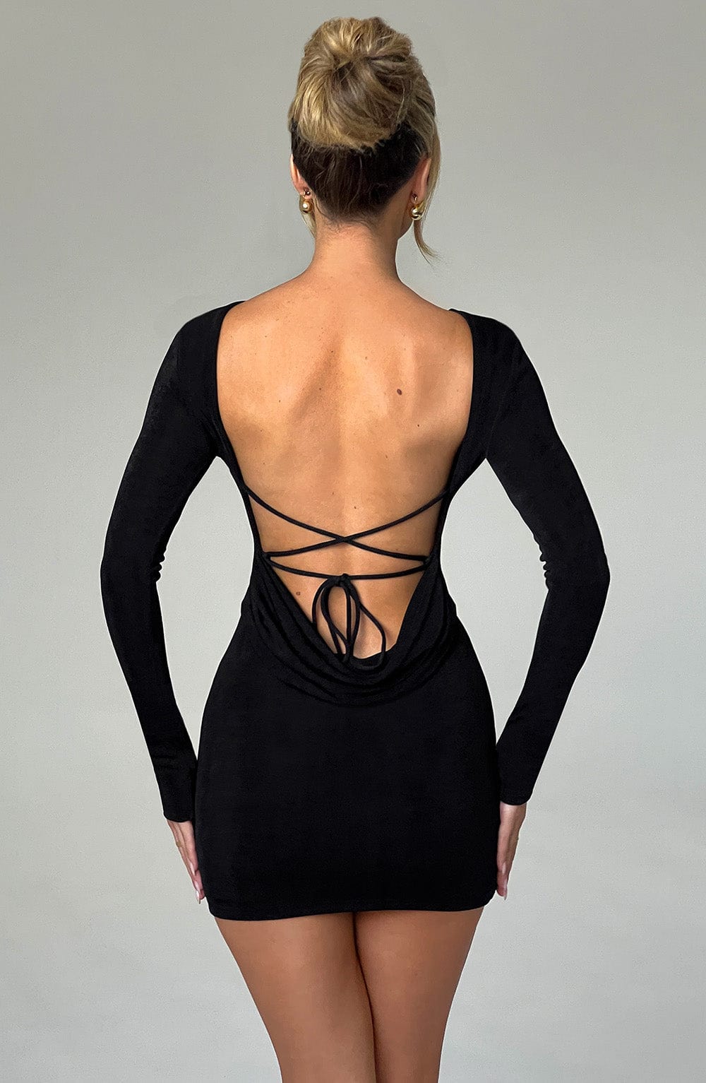 Open back long sleeve bodycon dress with draped cowl and criss-cross ties - view 2