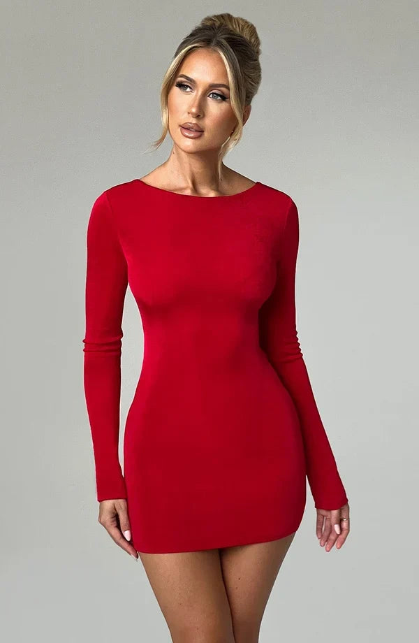 Open back long sleeve bodycon dress with draped cowl and criss-cross ties - view 22