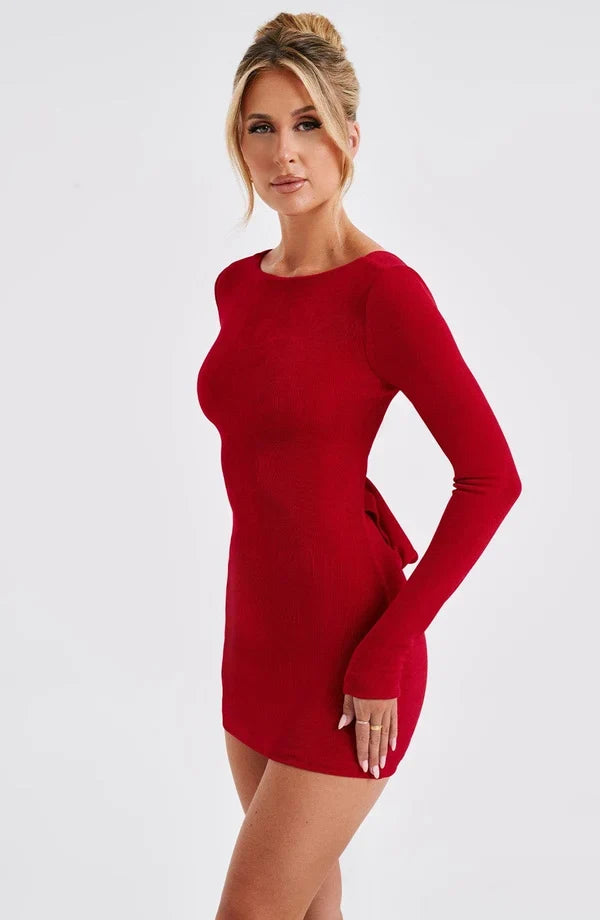 Open back long sleeve bodycon dress with draped cowl and criss-cross ties - view 24