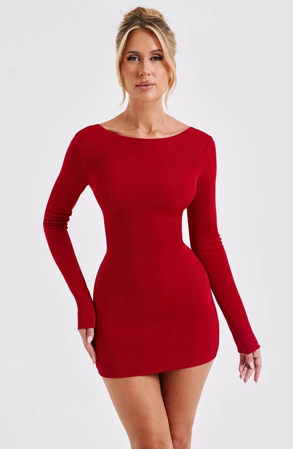 Open back long sleeve bodycon dress with draped cowl and criss-cross ties - view 26