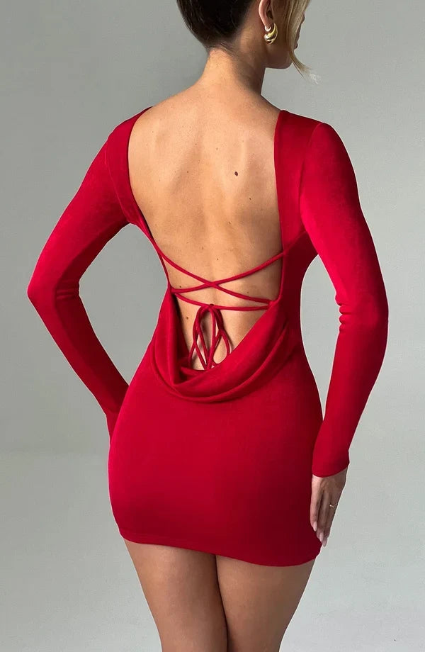 Open back long sleeve bodycon dress with draped cowl and criss-cross ties - view 27
