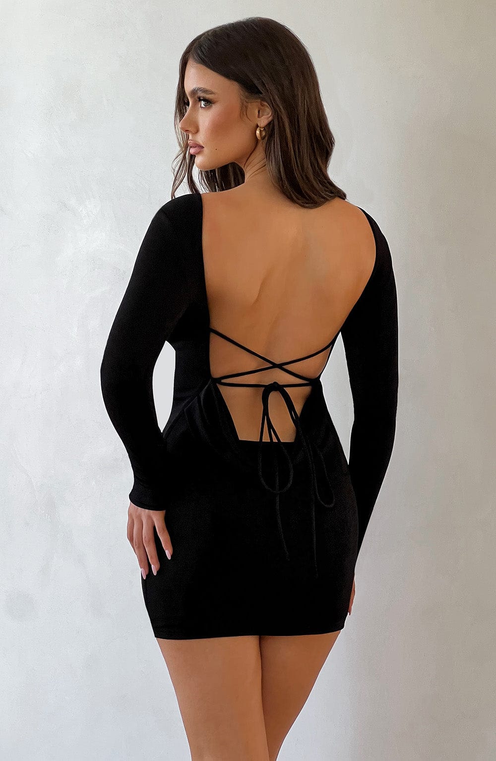Open back long sleeve bodycon dress with draped cowl and criss-cross ties - view 7