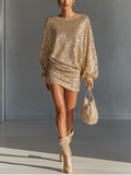 Gold sequin long sleeve cocktail mini dress with lantern sleeves and ruched skirt