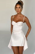 Gemma white cocktail satin mini dress with sweetheart bodice and fluid side drapes