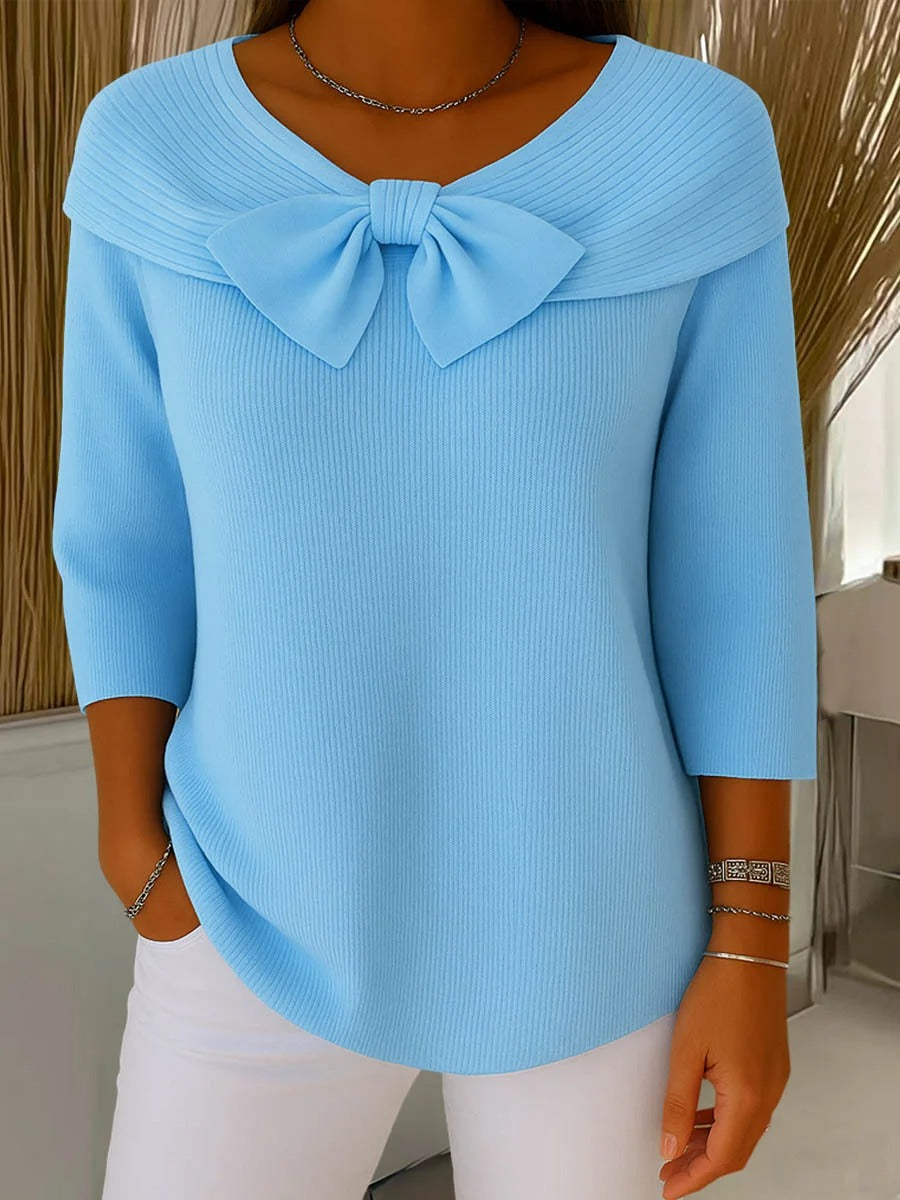 Giselle Bow Detail Ribbed Knit Sweater - front view