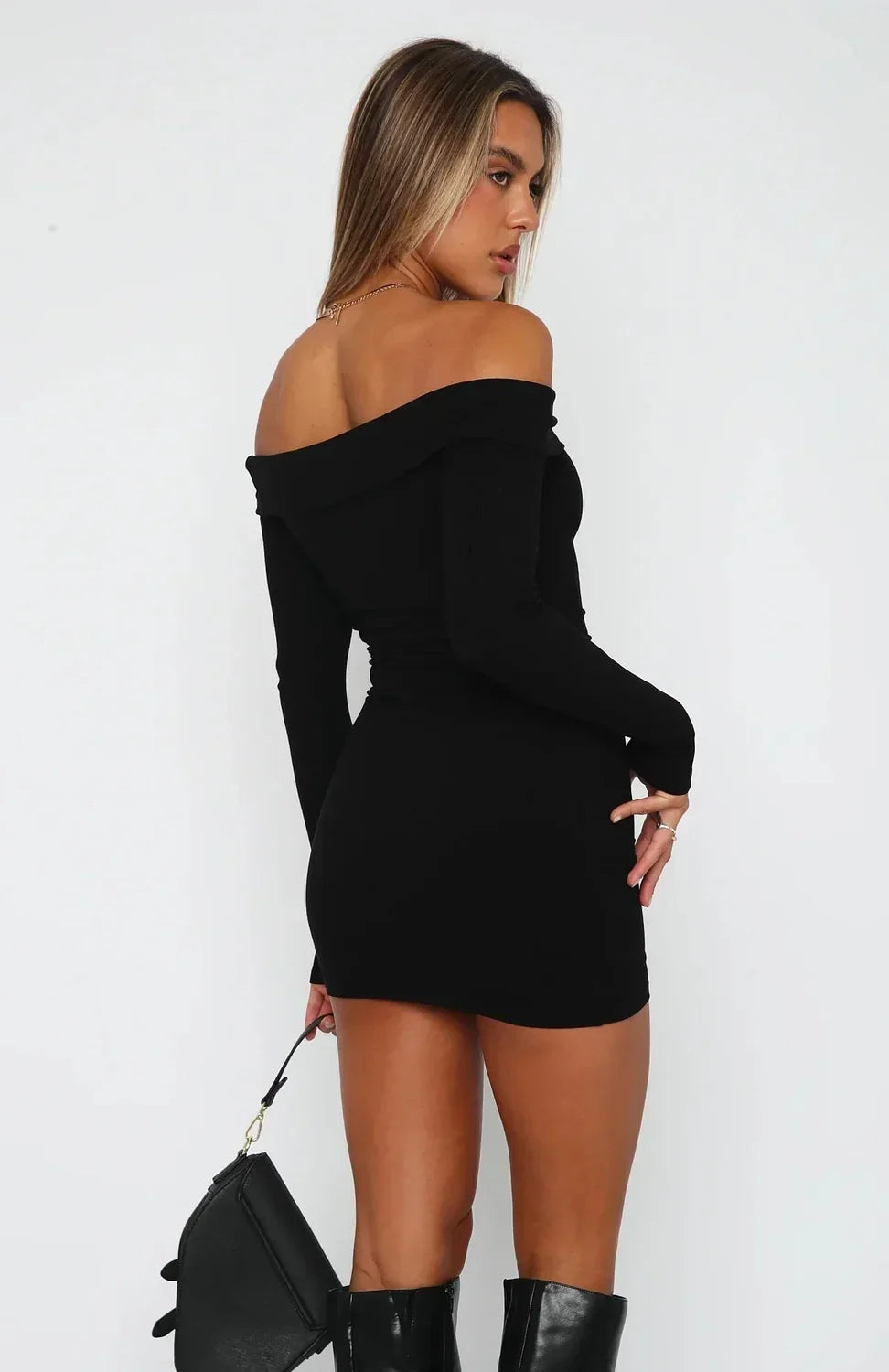 Off the shoulder ribbed sweater mini dress with long sleeves - view 2