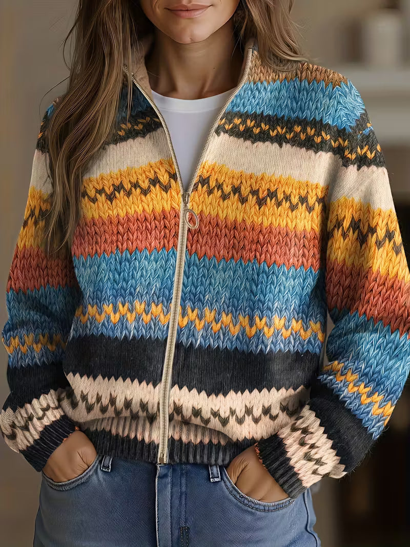 Greta Chevron Stripe Zip-Up Cardigan - front view