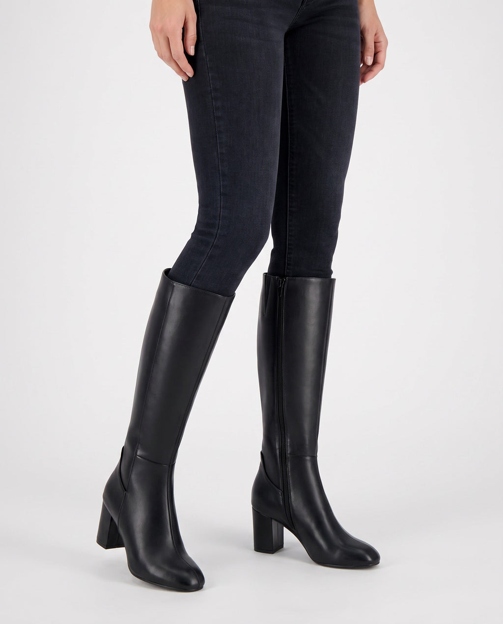 Women's knee high block heel boots with round toe and inner side zip