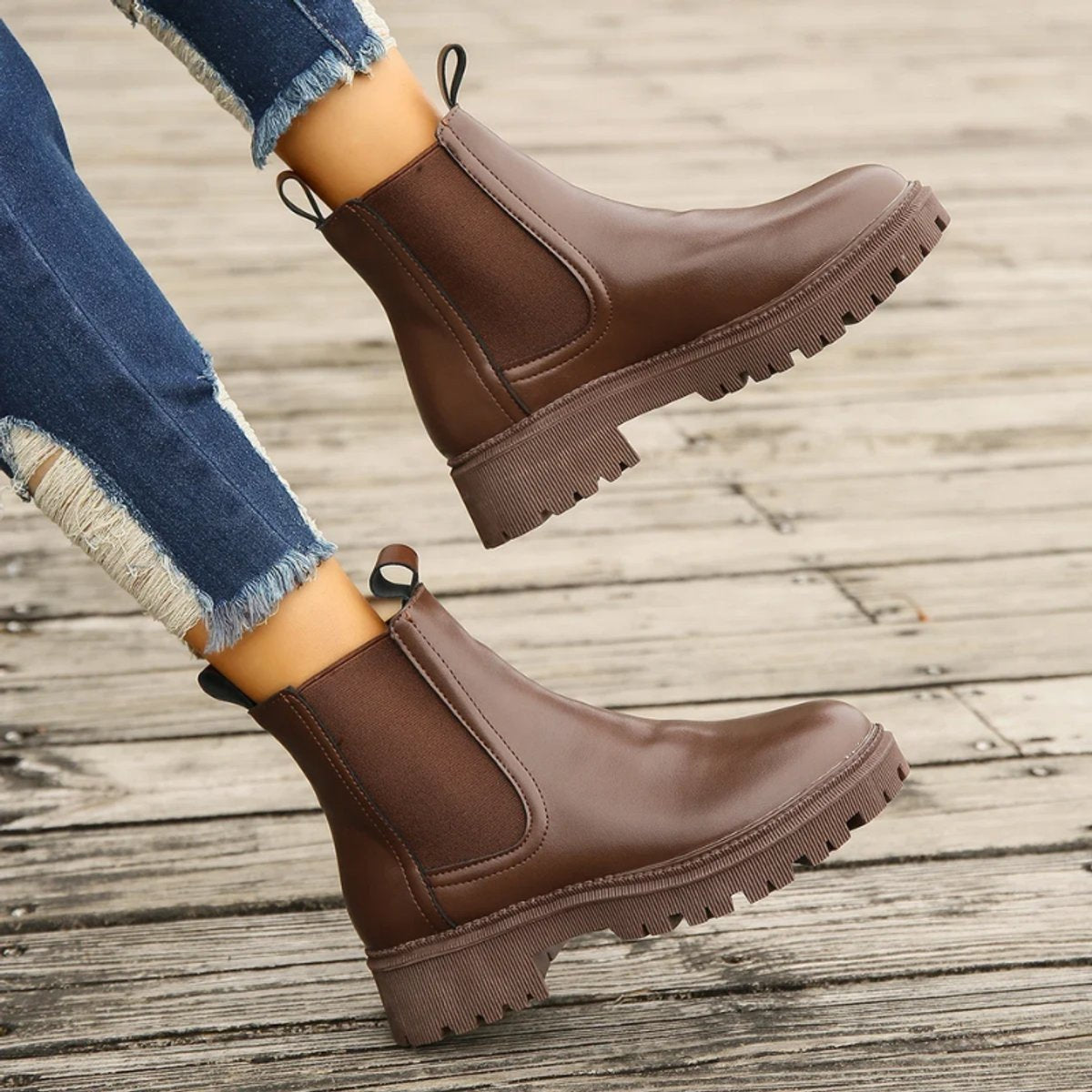 Women's Chelsea ankle boots in leather-look finish with lug sole and pull loops - view 11