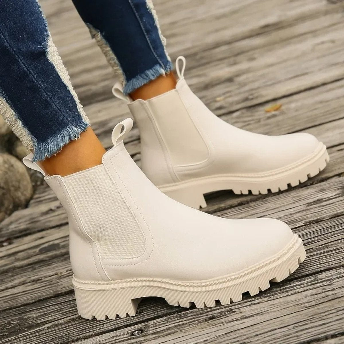 Women's Chelsea ankle boots in leather-look finish with lug sole and pull loops - view 14