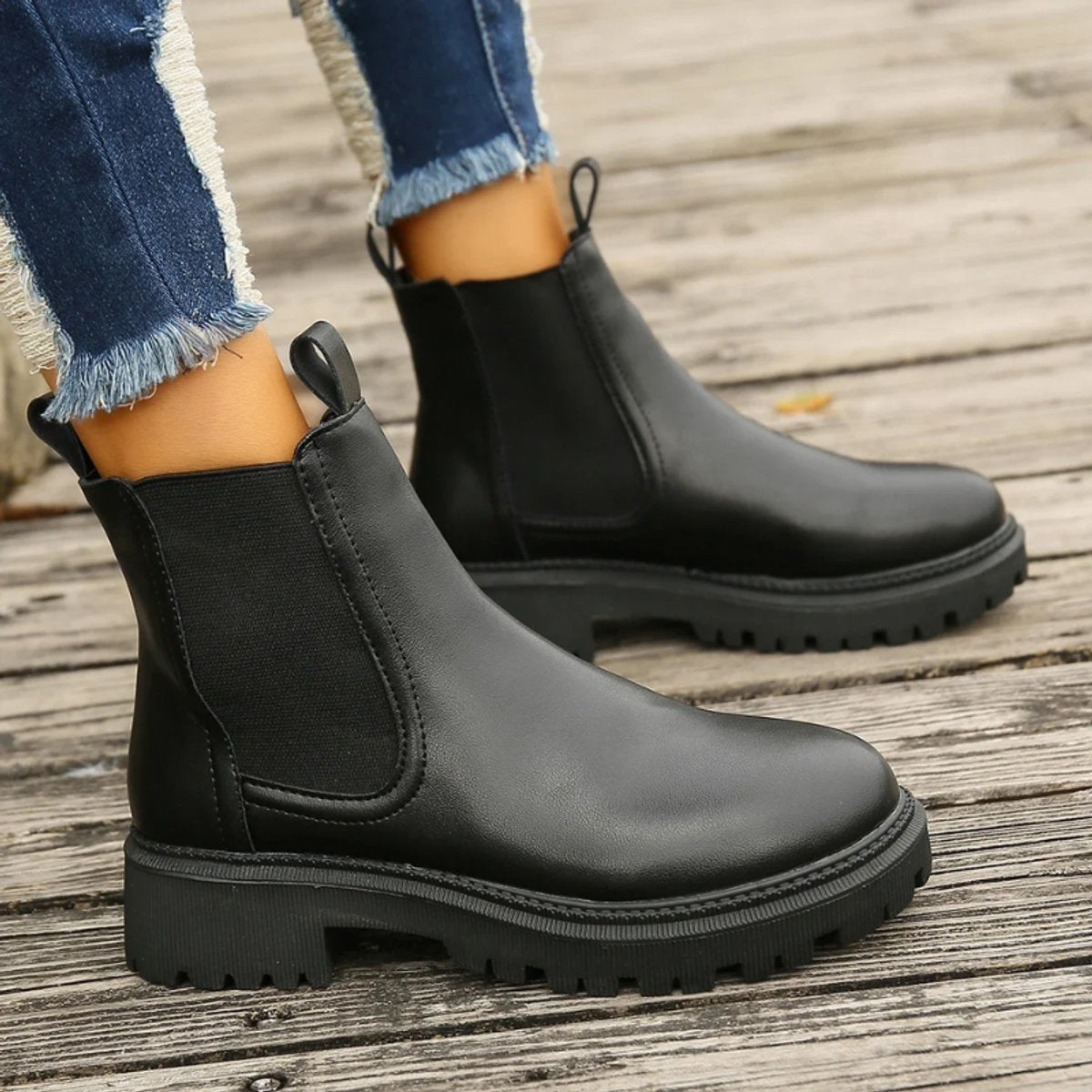 Women's Chelsea ankle boots in leather-look finish with lug sole and pull loops - view 15