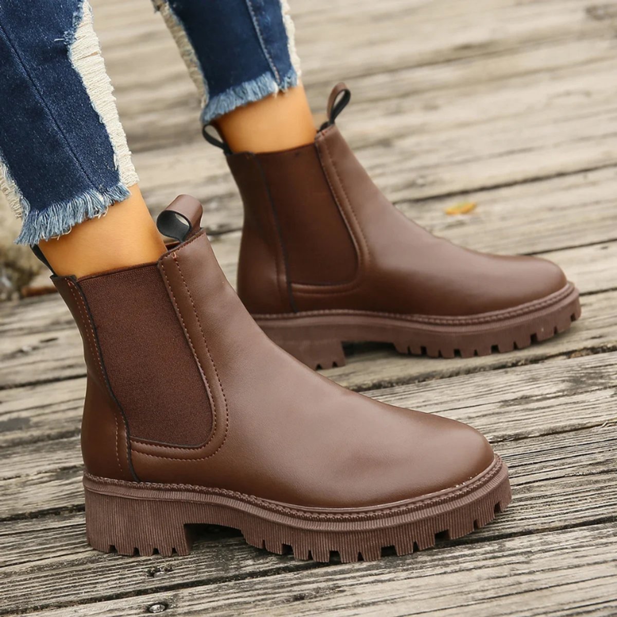 Women's Chelsea ankle boots in leather-look finish with lug sole and pull loops - view 16