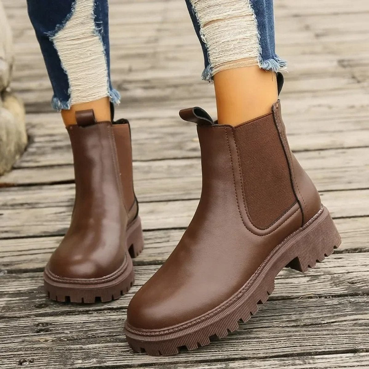 Women's Chelsea ankle boots in leather-look finish with lug sole and pull loops - view 3