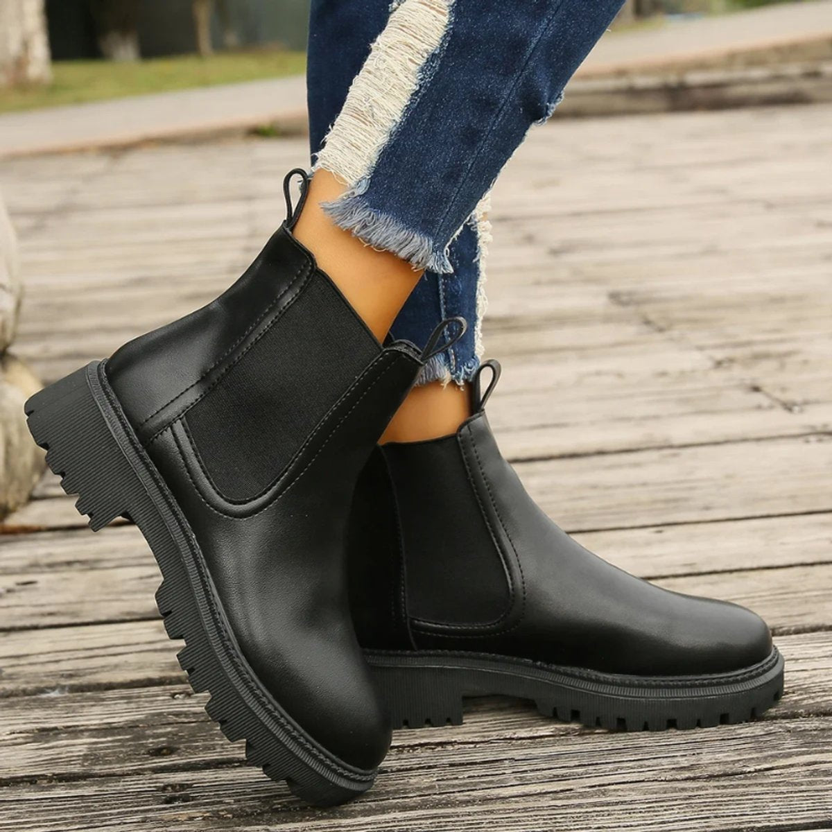 Women's Chelsea ankle boots in leather-look finish with lug sole and pull loops - view 5
