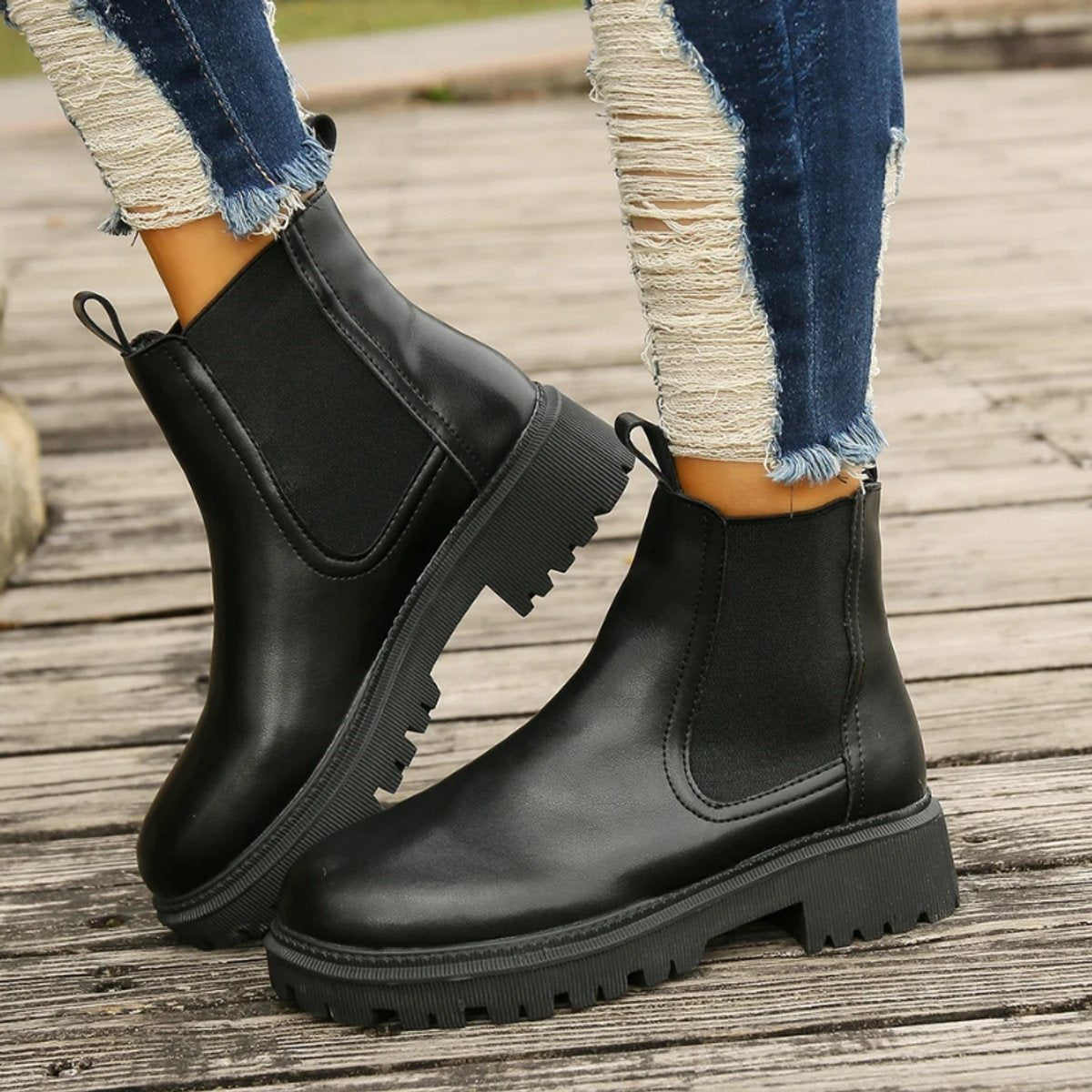 Women's Chelsea ankle boots in leather-look finish with lug sole and pull loops - view 7