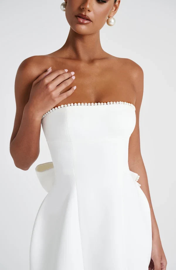 Formal strapless mini dress with pearl-edged sculptural bow at the back - view 10
