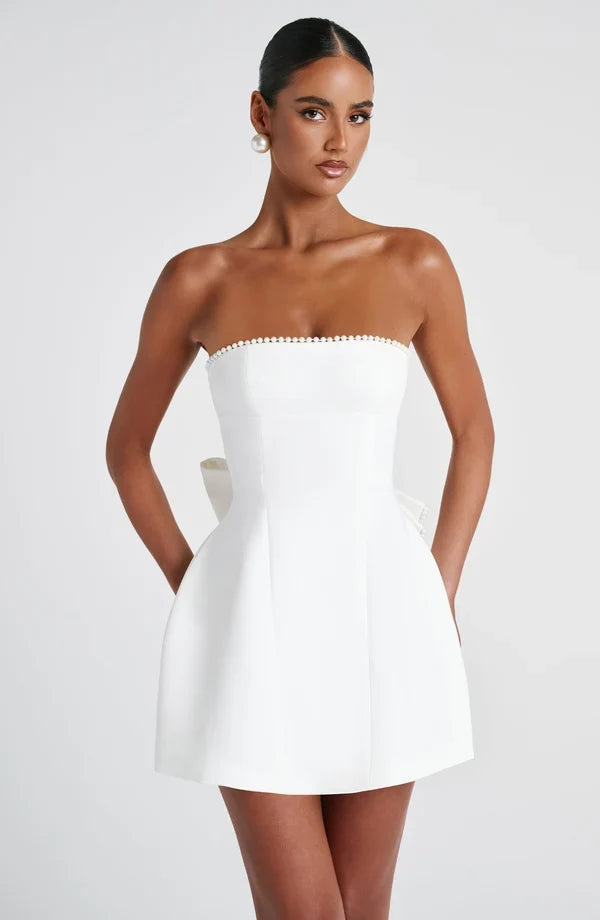 Formal strapless mini dress with pearl-edged sculptural bow at the back - view 13