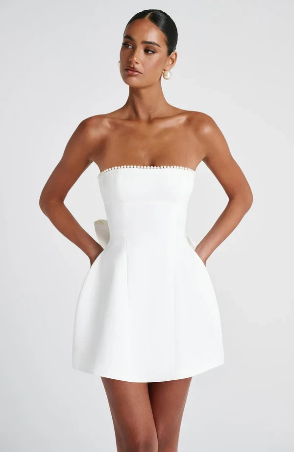 Formal strapless mini dress with pearl-edged sculptural bow at the back - view 16