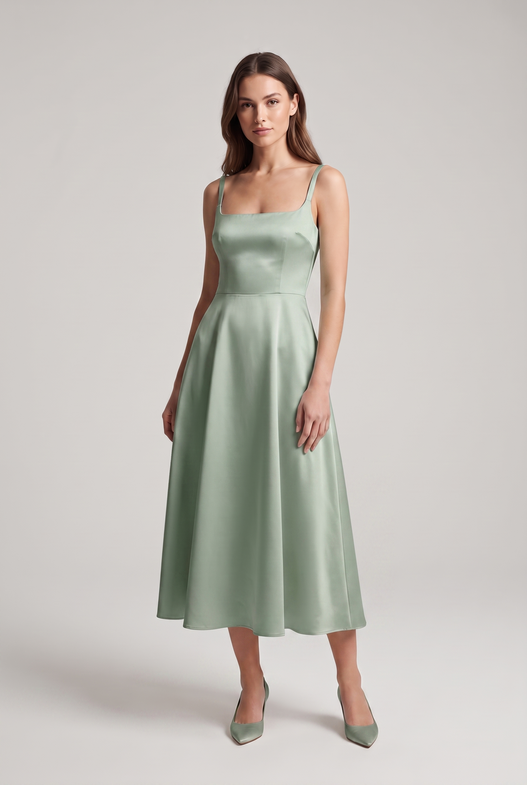 Camille — Square-Neck Satin Midi Dress