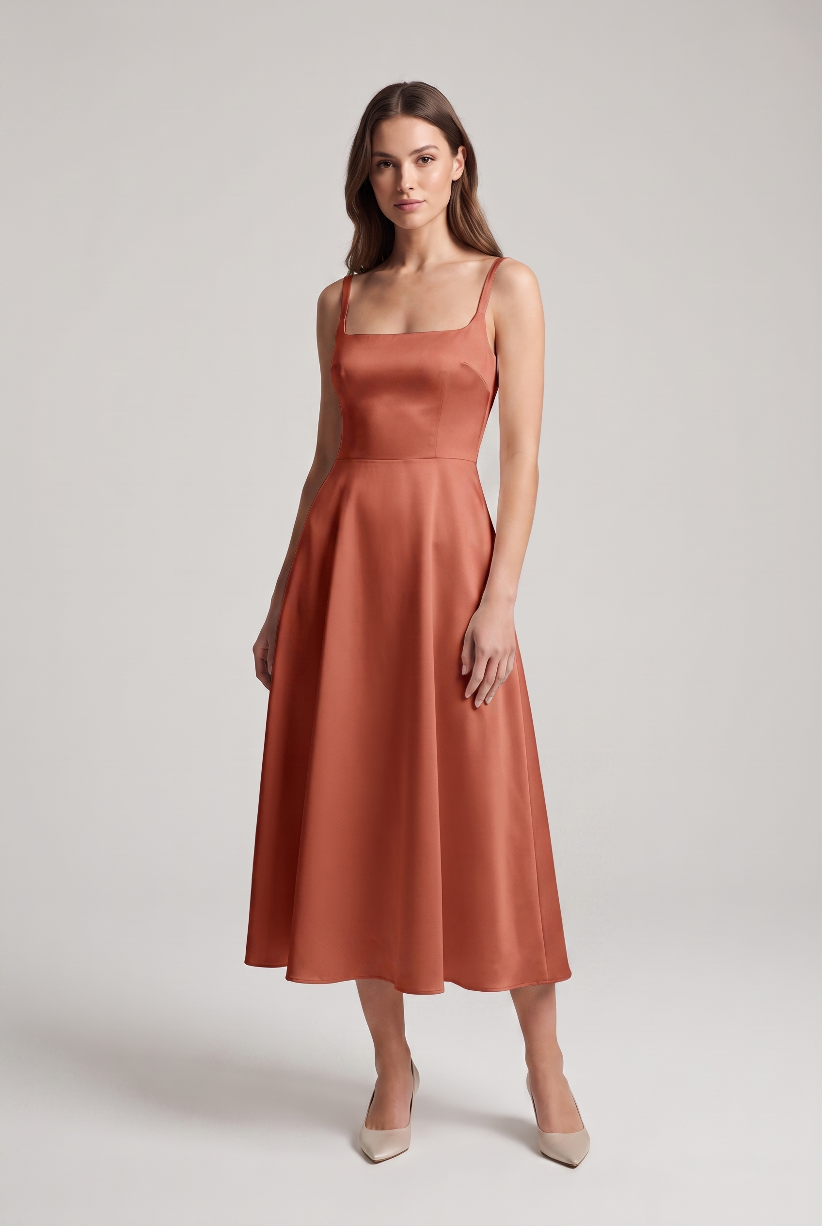 Camille — Square-Neck Satin Midi Dress