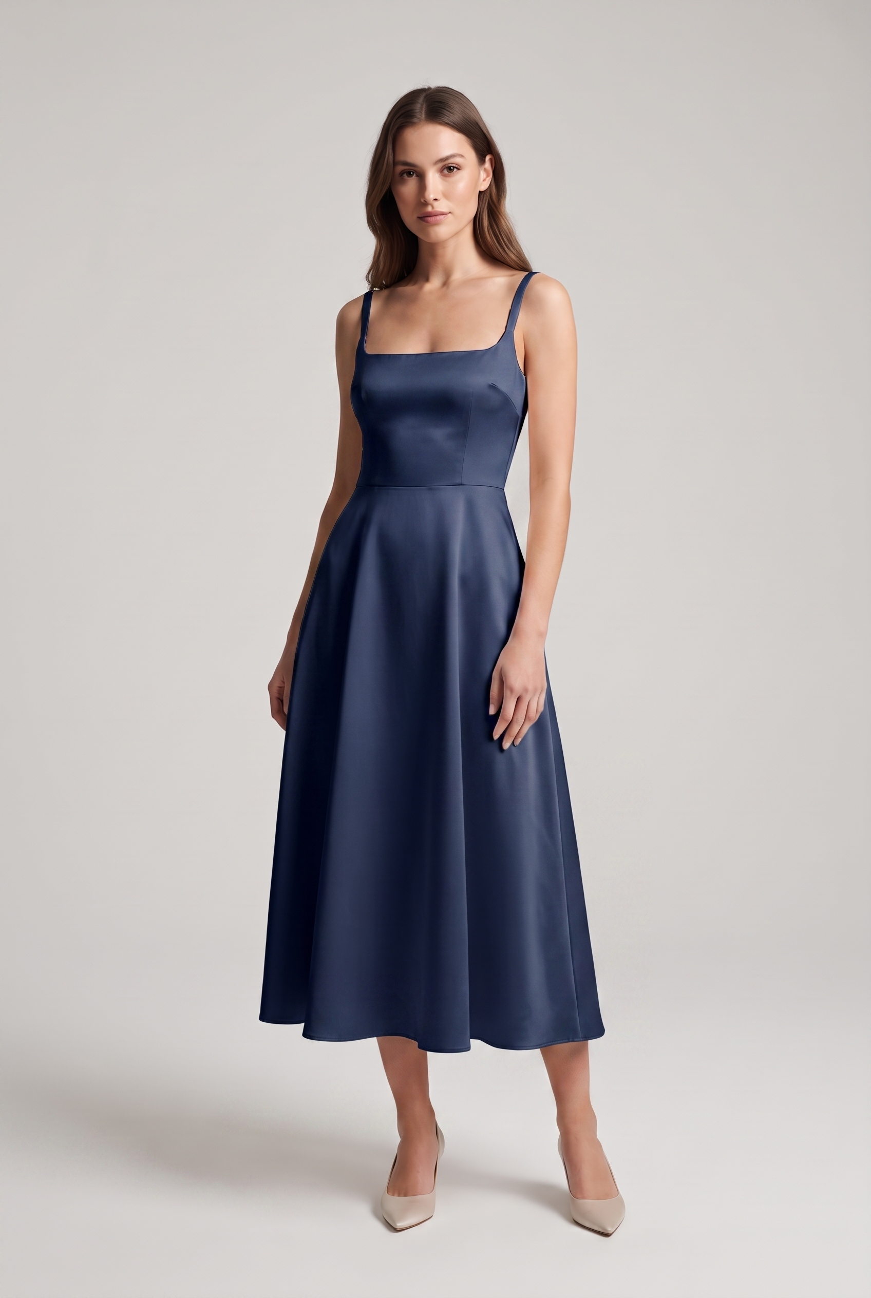Camille — Square-Neck Satin Midi Dress