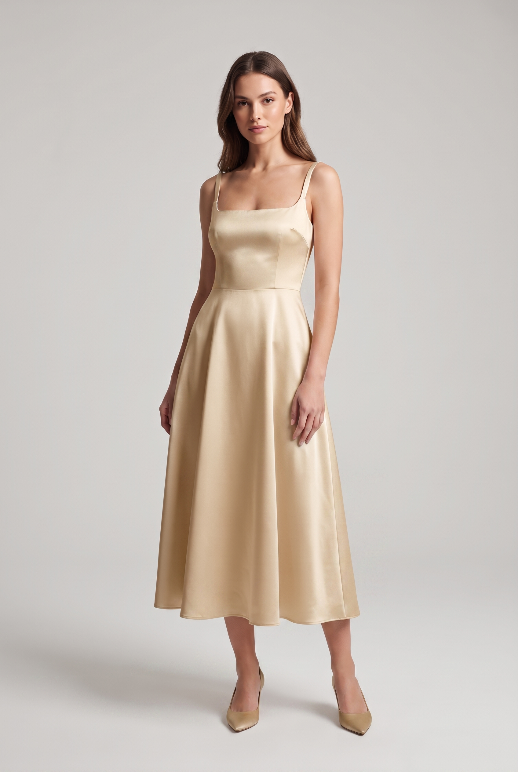 Camille — Square-Neck Satin Midi Dress