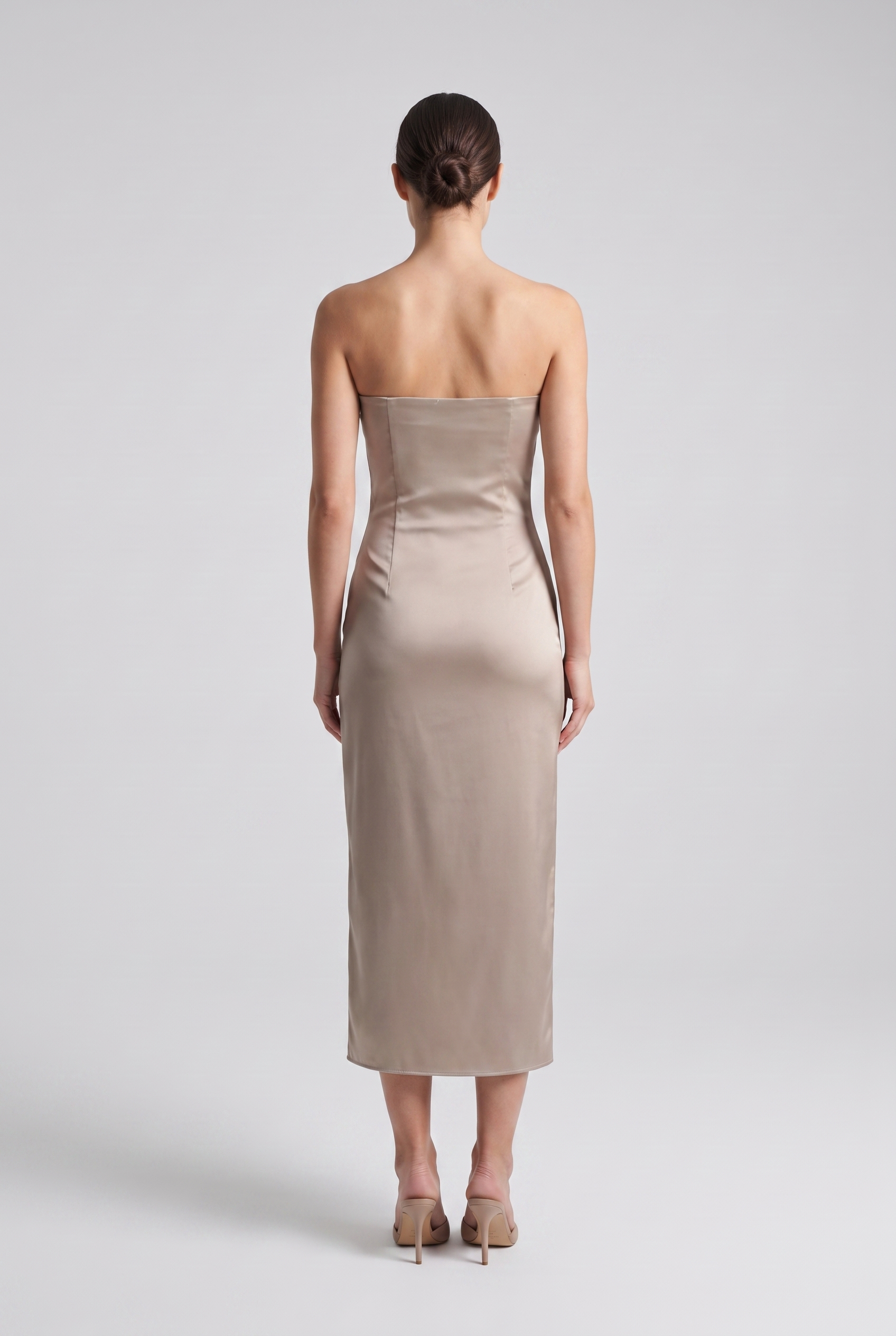 Adeline — Strapless Satin Column Midi Dress