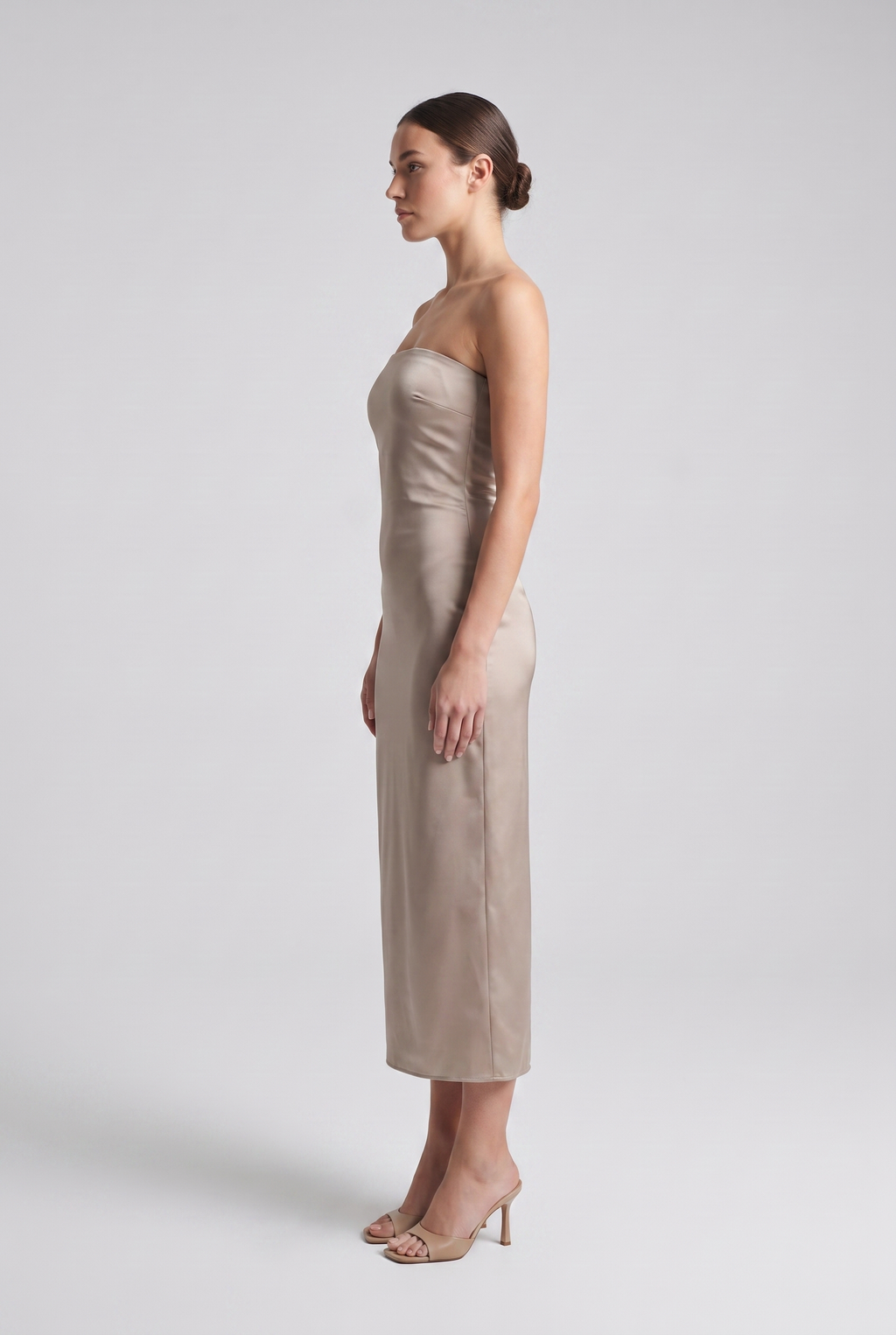 Adeline — Strapless Satin Column Midi Dress
