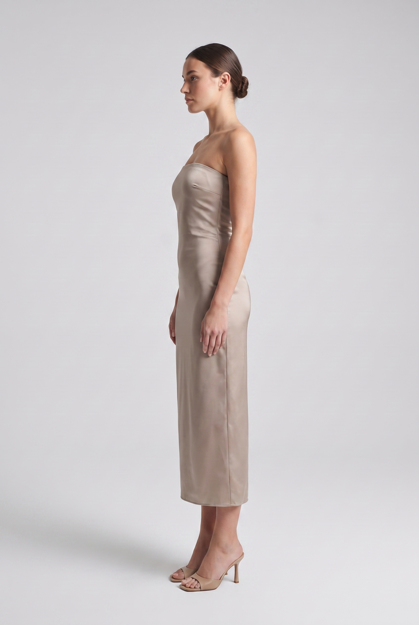 Adeline — Strapless Satin Column Midi Dress