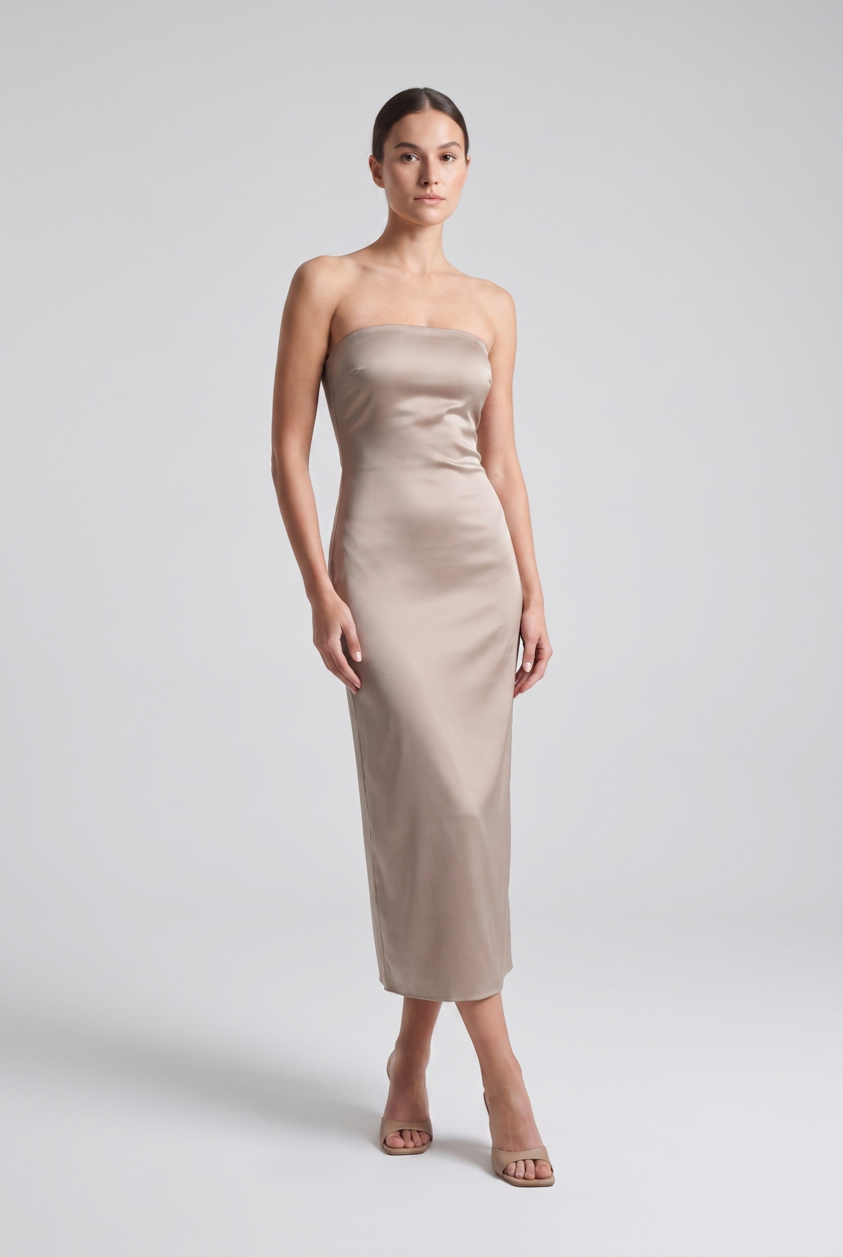 Adeline — Strapless Satin Column Midi Dress