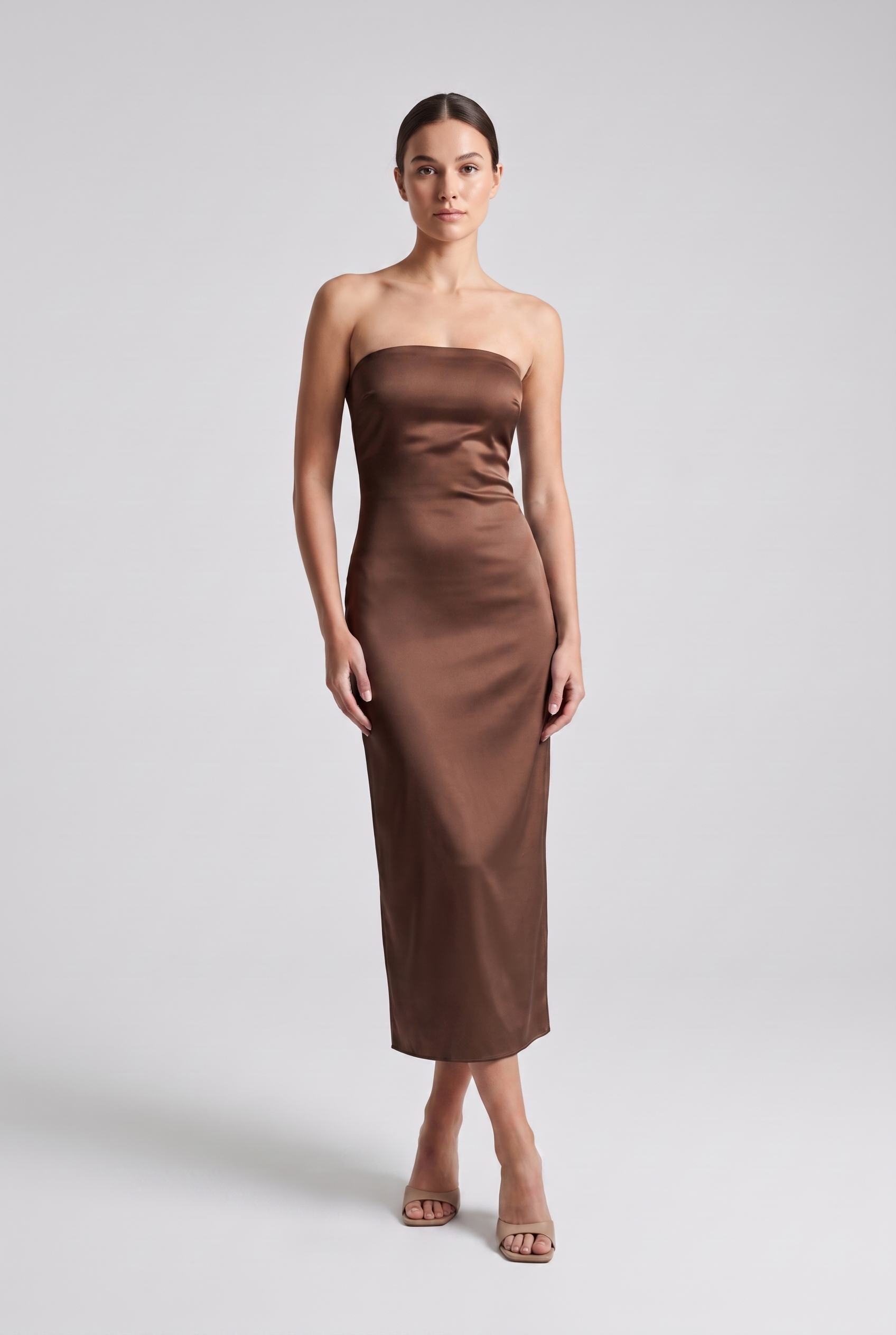 Adeline — Strapless Satin Column Midi Dress