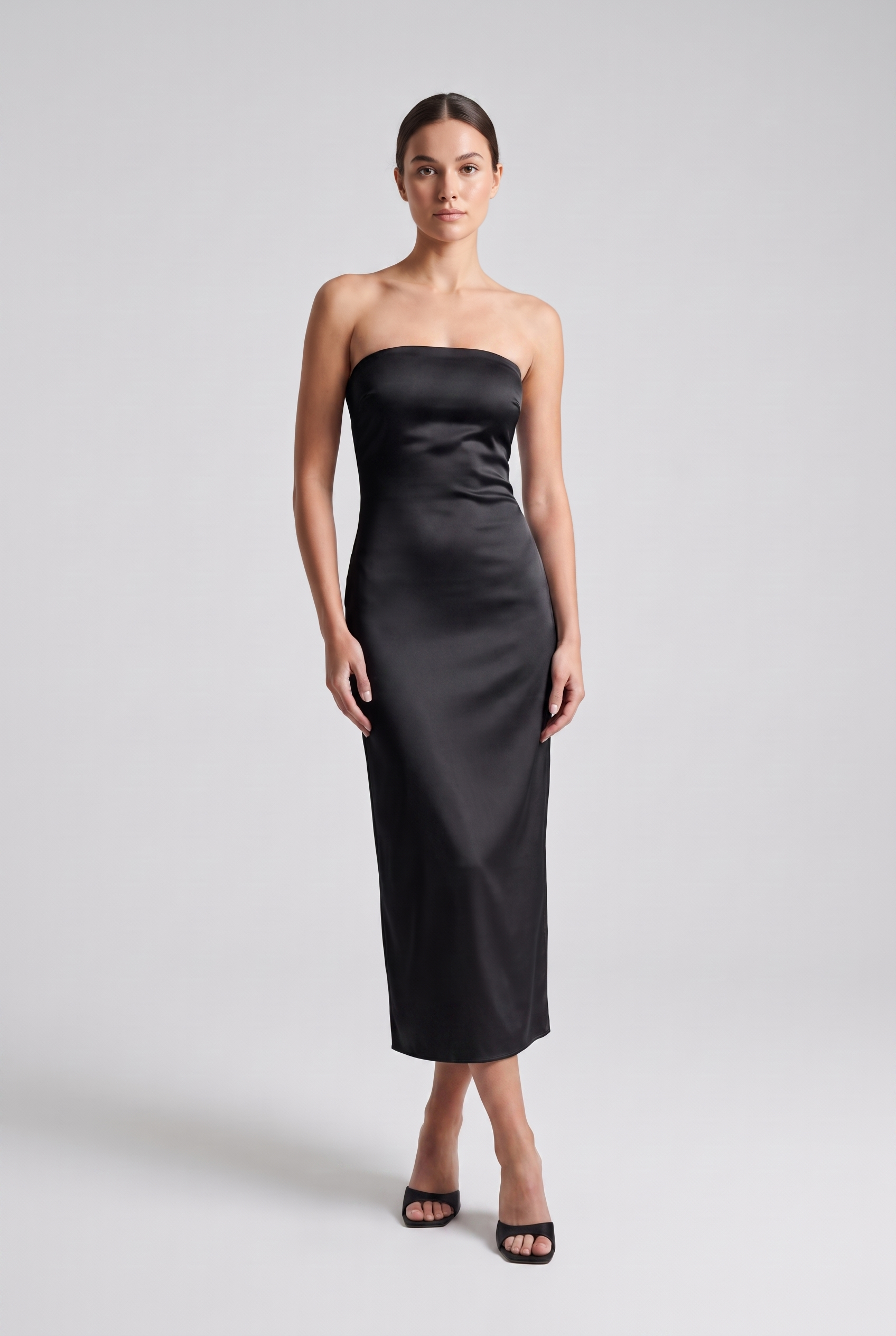 Adeline — Strapless Satin Column Midi Dress