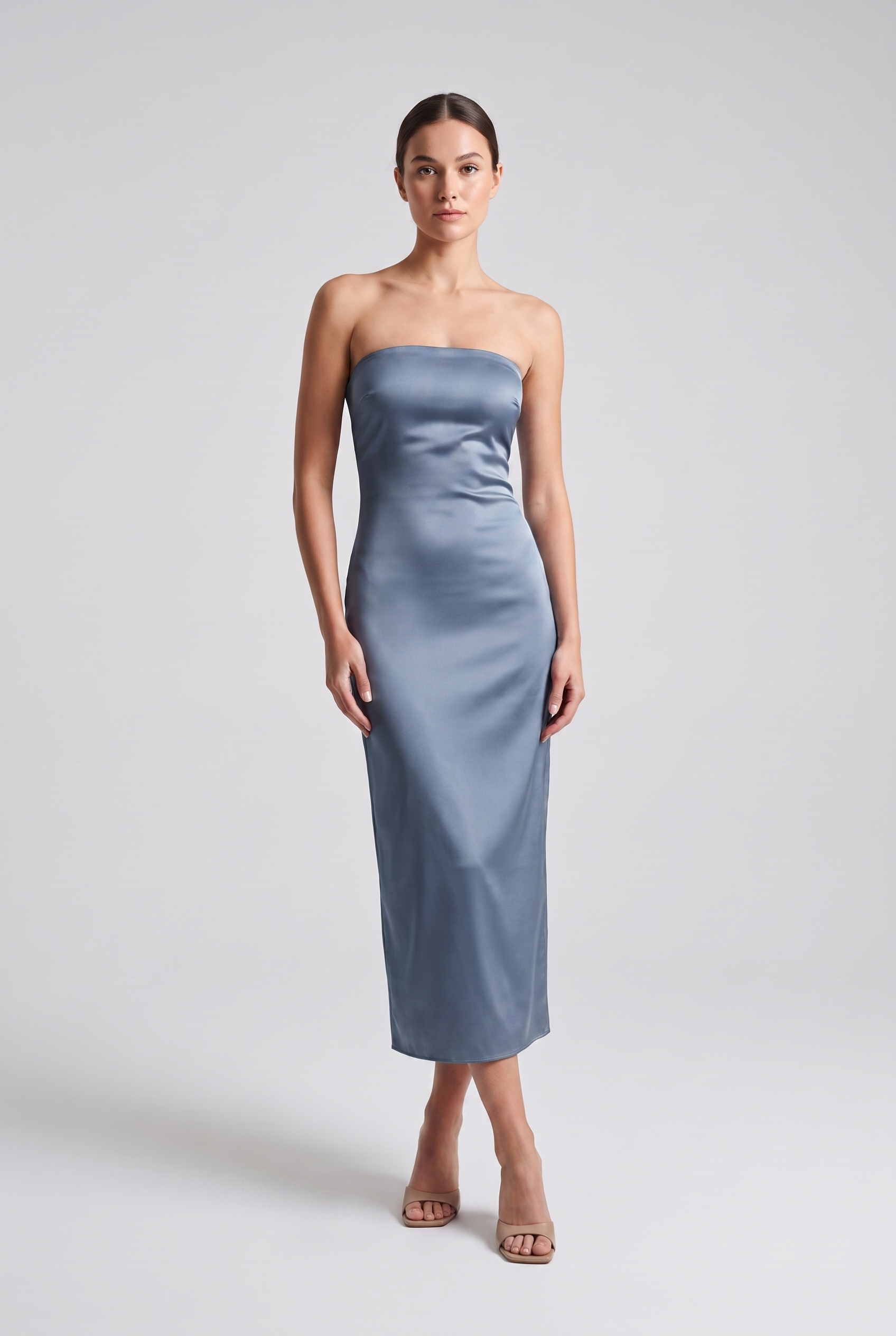 Adeline — Strapless Satin Column Midi Dress