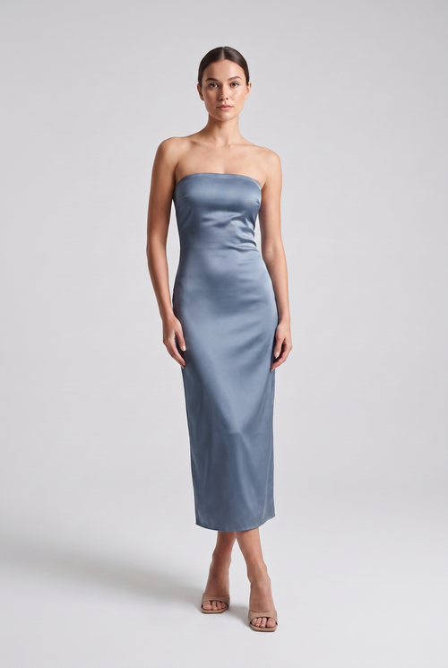 Adeline — Strapless Satin Column Midi Dress