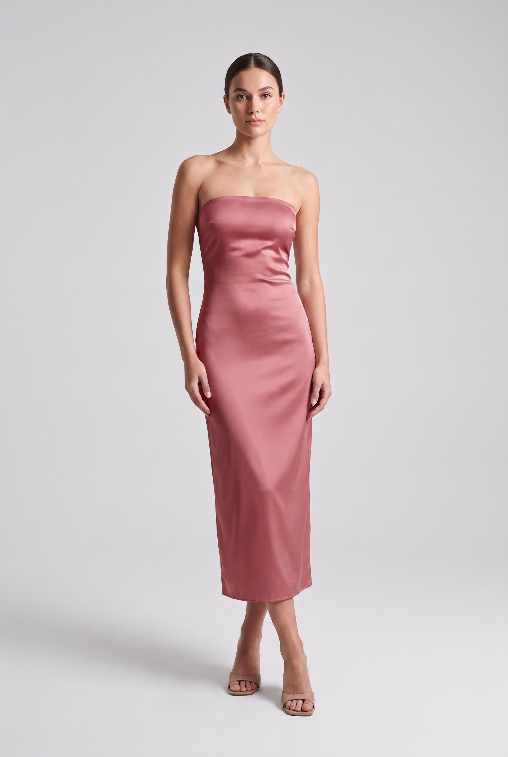 Adeline — Strapless Satin Column Midi Dress
