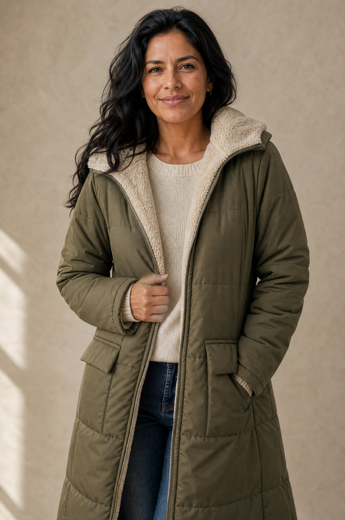 Liesl | Sherpa Lined Long Puffer Coat - front view