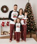 Matching family Christmas pajamas with red truck graphic raglan top and red plaid pants