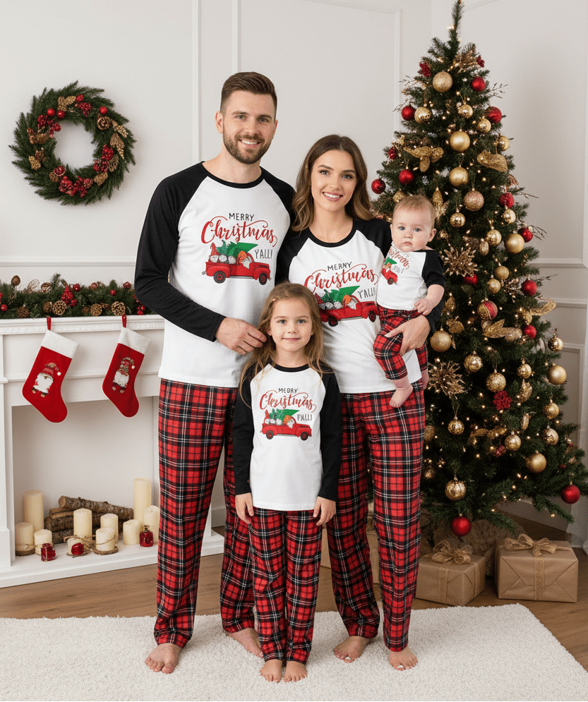 Matching family Christmas pajamas with red truck graphic raglan top and red plaid pants