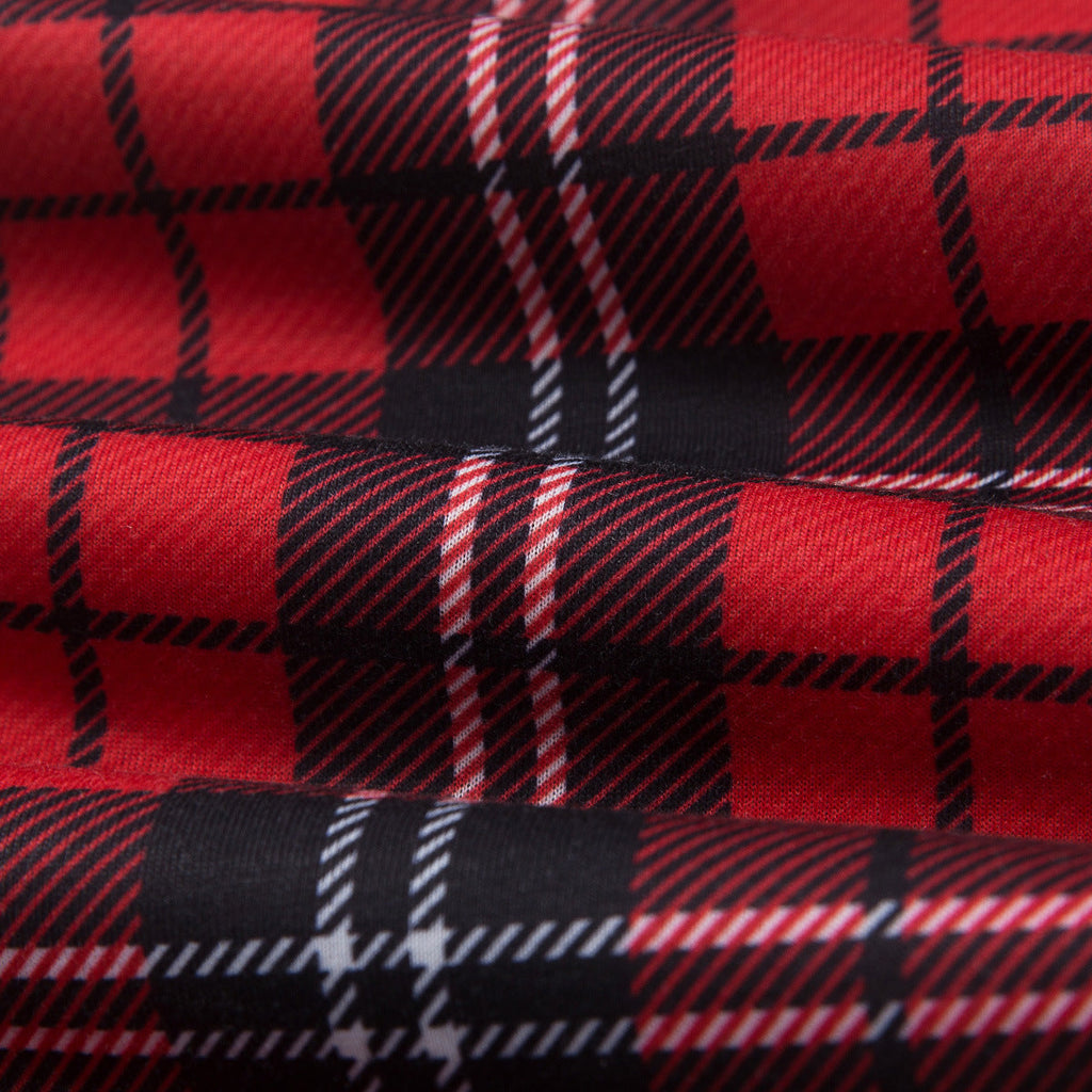 Matching family Christmas pajamas with red truck graphic raglan top and red plaid pants - view 11