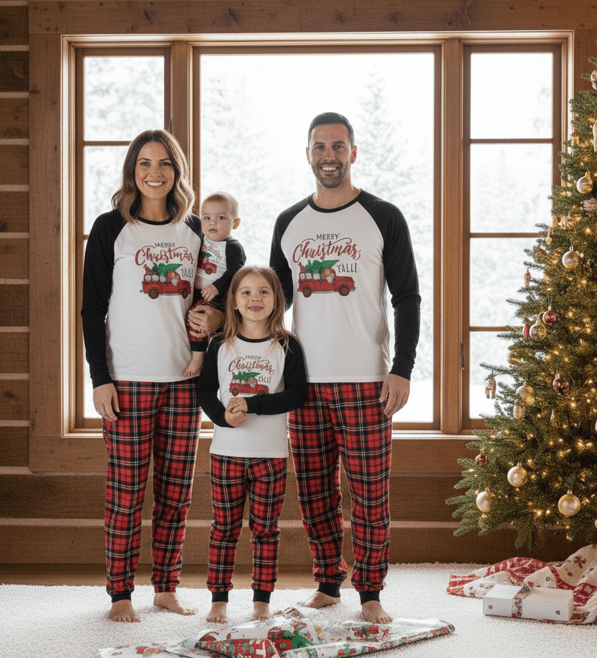Matching family Christmas pajamas with red truck graphic raglan top and red plaid pants - view 3